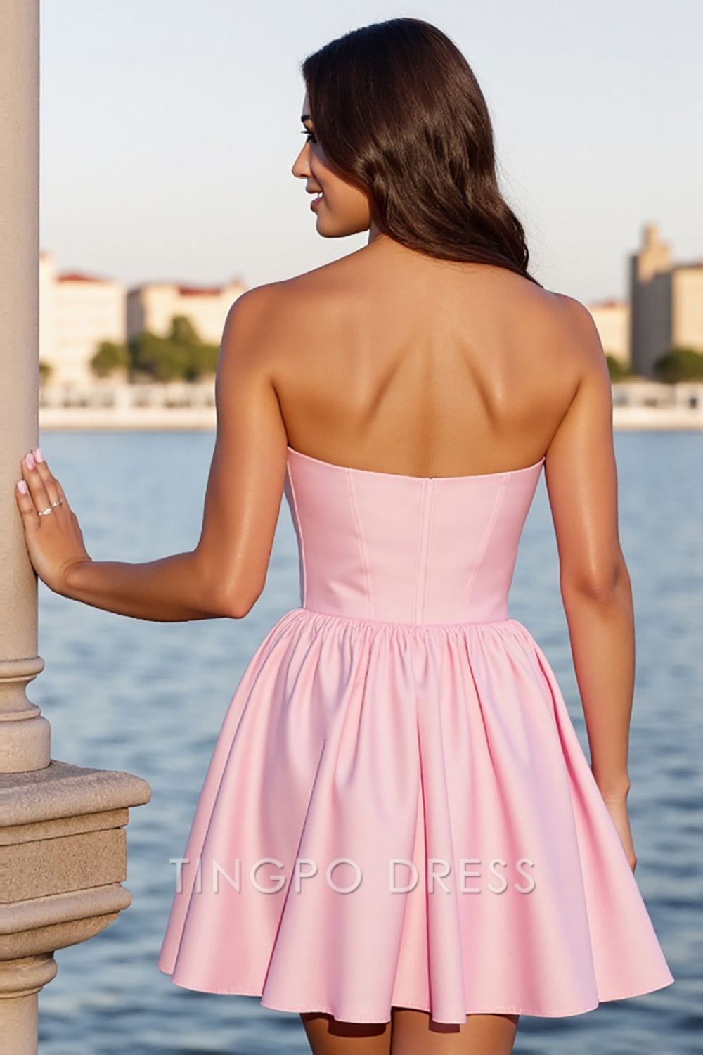 TingPo Wholesale Elegant Pink Satin A Line Corset Sweetheart Short Homecoming Dress formal wear dresses